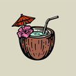 Illustration of a coconut cocktail with straws and an umbrella. Doodle style.