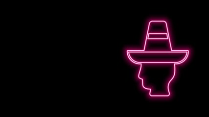 Poster - Glowing neon line Mexican man wearing sombrero icon isolated on black background. Hispanic man with a mustache. 4K Video motion graphic animation