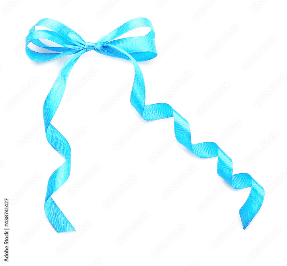 Beautiful bow made from blue ribbon on white background