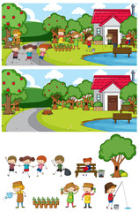 Wall Mural - Park scene set with many kids doodle cartoon character isolated