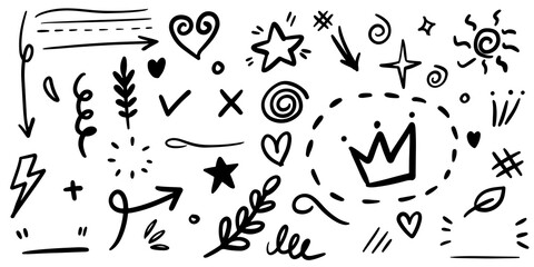 Wall Mural - hand drawn set of curly swishes, swashes, swoops. abstract arrows, arrow, heart, love, star, leaf, s