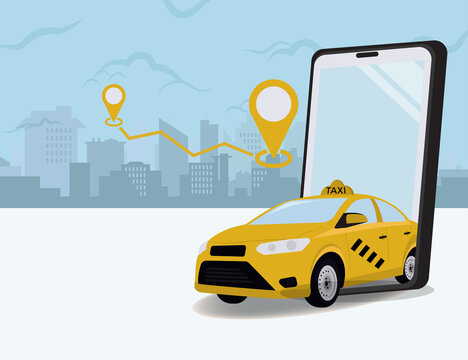 taxi out from phone. booking online taxi service graphic design vector illustration