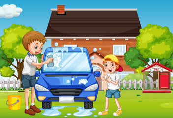 Wall Mural - Dad and son washing car in front of the house scene