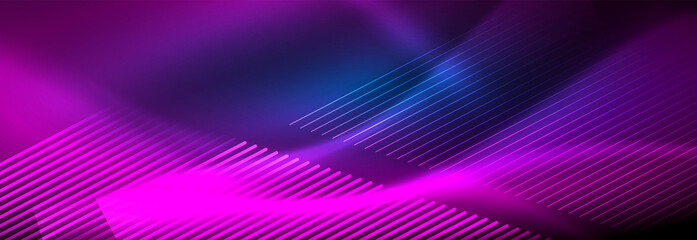 Neon glowing lines, magic energy and light motion background. Vector wallpaper template