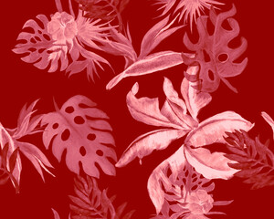  Pink Monstera Background. Purple Watercolor Illustration. Coral Banana Leaf Design. Red Seamless Leaf. Fuchsia Pattern Set. Tropical Painting. Vintage Jungle.