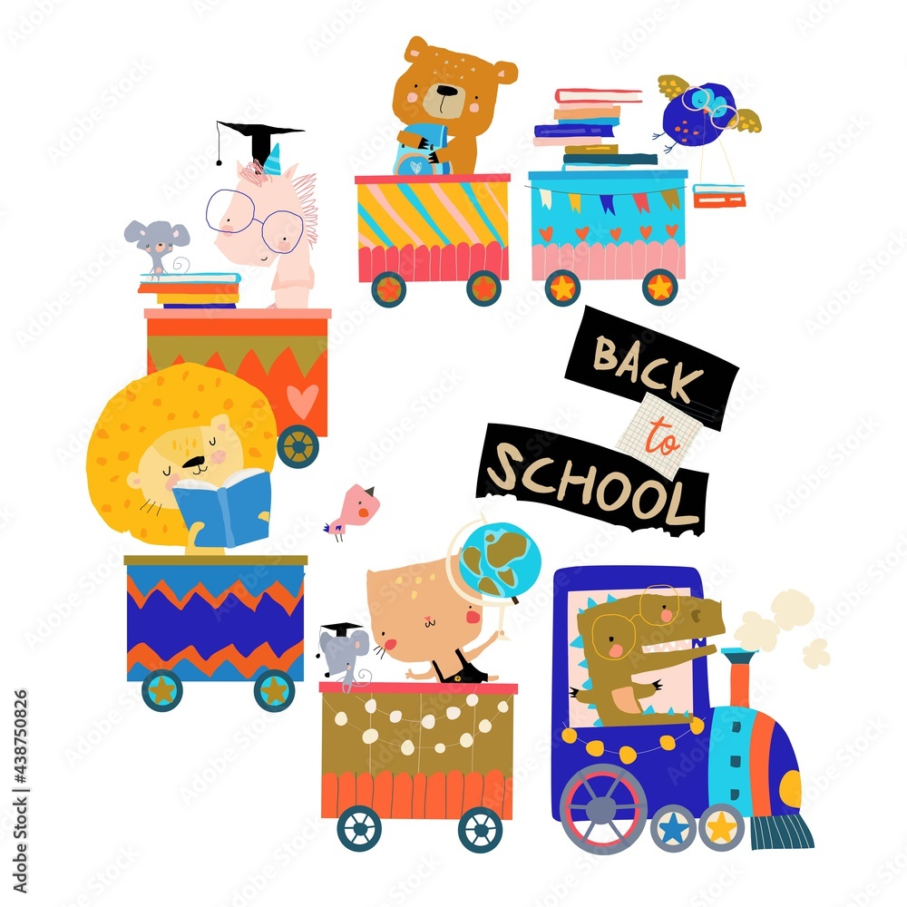 Happy Cartoon Animals riding to the School by Train - obrazy, fototapety, plakaty 