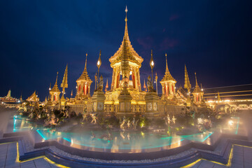 Royal crematorium. The royal pyre for royal funeral of H.M. King Bhumibol Adulyadej at Sanamlaung, Bangkok, Thailand. Long exposure, Moving crowd.