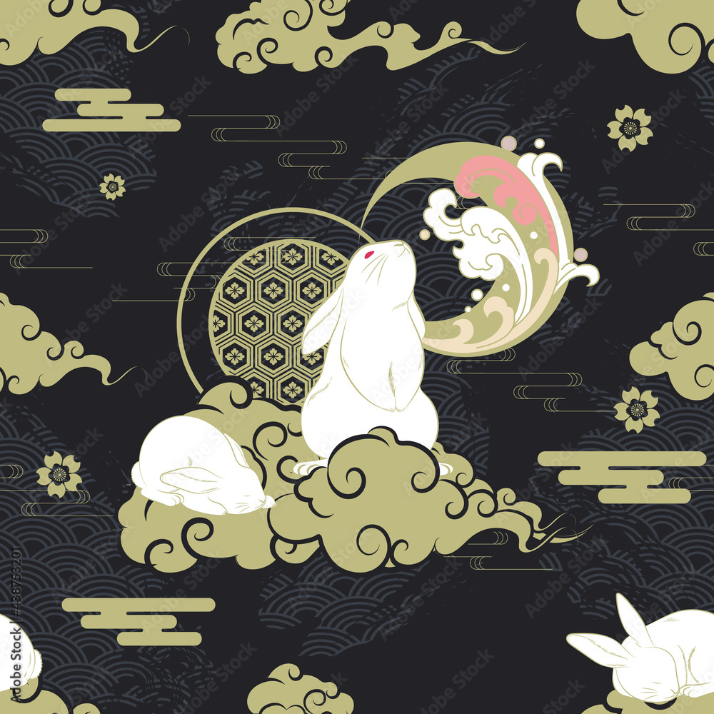Seamless Art Japanese Repeat Pattern Sleeping White Rabbit on Gold ...