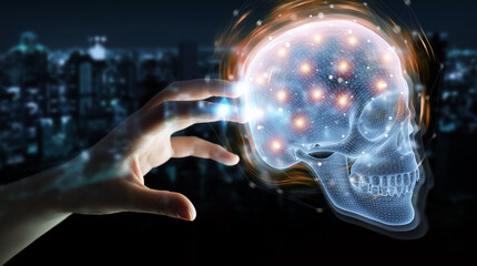 Leinwandbilder - Man hand using digital x-ray skull holographic scan projection 3D rendering