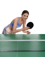 Wall Mural - beautiful young woman playing ping pong on white background