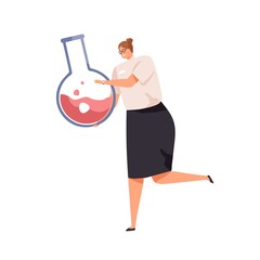 Wall Mural - tiny female scientist with big glass flask. chemistry and chemical lab research concept. chemist wit
