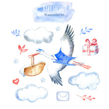 Stork Postman With Newborn Baby,heart,clouds,star,gift,letter And Floral.Baby Shower Set. Watercolor Hand Drawn Illustration.White Background.	
