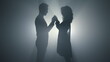 © stockbusters - Silhouette man woman standing in dark. Loving couple holding hands indoors.