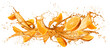 Orange fruit sliced with splashing juice isolated on white background