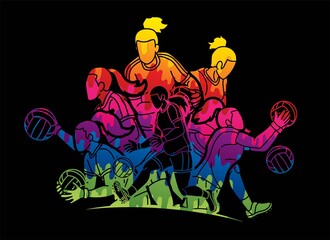 Wall Mural - Group of Gaelic Football Female Players Sport Action Cartoon Graphic Vector