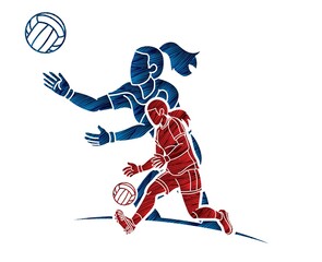 Wall Mural - Group of Gaelic Football Female Players Sport Action Cartoon Graphic Vector