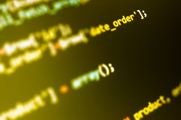 software development pattern. programmer monitor with php language code. closeup tablet screen techn