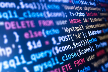 software development pattern. programmer monitor with php language code. closeup tablet screen techn