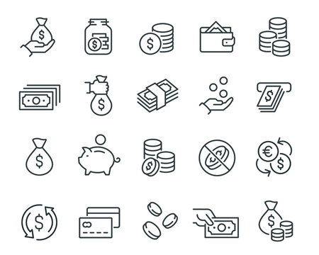 money and coins icons set. such as piggy bank, cash, credit cards, money bag, currency exchange, coi