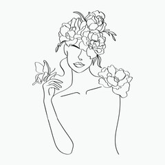 Wall Mural - Women and flowers line art. Girl with flowers and leaves one line vector drawing. Portrait continuous line art drawing for prints, tattoos, cosmetics, fashion, Beauty salon and wall home decoration.