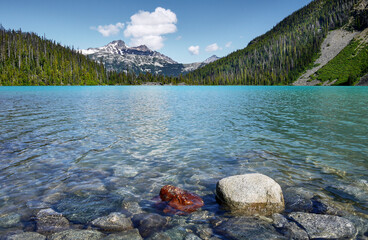 Wall Mural - A beautiful glacial lake in Canada. The turquoise Joffre Lake is surrounded by the Rainforest. Mountain peaks in the background. Joffre Lakes Provincial Park. British Columbia, Canada.