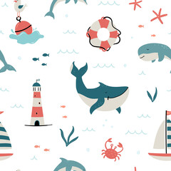 Cute hand drawn sea life seamless pattern, happy whales and decoration, great for summer textiles, banners, wallpapers, wrapping - vector design