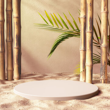 Wall Mural - Summer scene with Bamboo, tropical leaves and sand podium decoration for product presentation, 3d rendering