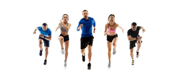 Development of motions of young athletic fit men and women in action isolated over white background. Flyer.