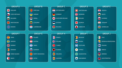 Aufkleber - European soccer tournament qualifying draw 2020 . Group of international football teams with flat circle country flag . Vector .