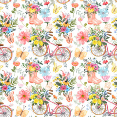  Summer floral seamless pattern. Watercolor colorful wild flowers, vintage pink bicycle, butterflies, garden boots bouquet, isolated on white background. Country style print. Nursery design.