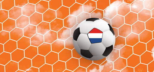 Wall Mural - 3D-illustratie. Goal net. Football with flag of the Netherlands. Soccer ball on green football grass field. Orange sky background banner. wk, ek sport 2021. Holland or Dutch orange supporters.