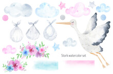 Stork Flying In The Sky Delivering Newborn Baby Watercolor Illustration. Baby Shower Girl Or Boy, Gender Party. Clouds, Stars, Floral Compositions. International Day Of Midwives. Stork And Children