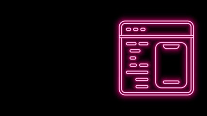 Glowing neon line Software, web developer programming code icon isolated on black background. Javascript computer script random parts of program code. 4K Video motion graphic animation