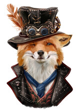 Sly Fox In Steampunk Clothes. Watercolor Drawing