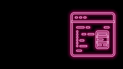Glowing neon line Software, web developer programming code icon isolated on black background. Javascript computer script random parts of program code. 4K Video motion graphic animation