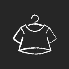 Sticker - Crop top chalk white icon on dark background. Short for women. Unisex comfy wear. Outfit for home lounging. T shirt. Comfortable homewear, sleepwear. Isolated vector chalkboard illustration on black