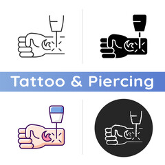 Poster - Tattoo laser removal icon. Special human body operations. Removing injected ink from skin. Dangerous medical equipment. Linear black and RGB color styles. Isolated vector illustrations