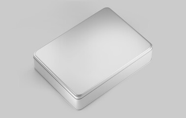 Wall Mural - White Rectangular Metal box, blank aluminium can container with lid, 3d rendered isolated on light background