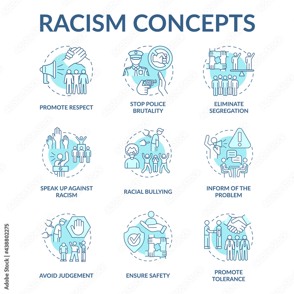 Racism concept icons set. Fighting racial discrimination, intolerance ...