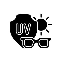 Sticker - Sunglasses black glyph icon. Glasses for eye protection from UV rays. Preventing sun exposure and ultraviolet damage during heat. Silhouette symbol on white space. Vector isolated illustration