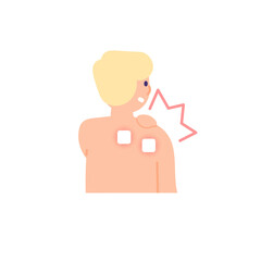illustration of a man wearing a transdermal patch to relieve shoulder aches and pains. warm up. exte