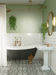 Wall Mural - 3d render of a retro boho bright green bathroom with glossy white tiles, an black vintage barhtub, plants and vintage farmhouse patterned tile flooring	