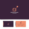 Simple and minimalist orange shooting star on letter O monogram initial logo in purple background with business card template