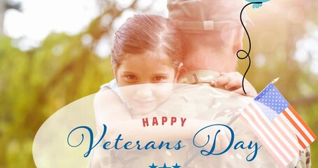 Wall Mural - Animation of veterans day text over american soldier with daughter