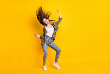 Full Length Body Size View Of Attractive Cheerful Dreamy Girl Dancing Having Fun Isolated Over Bright Yellow Color Background