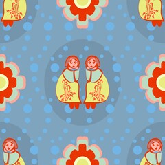 Wall Mural - Cute Little Twin Girls Folk Art Repeat Pattern In Blue, Red And Yellow With Polka Dots