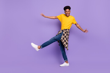 Poster - Full length body size view of attractive cool cheerful guy clubbing having fun good mood isolated over violet purple color background