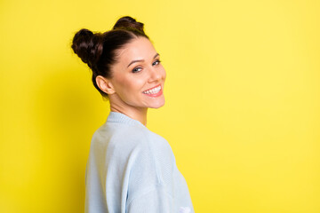 Wall Mural - Photo of charming positive lady shiny white smile look camera wear blue sweater isolated yellow background