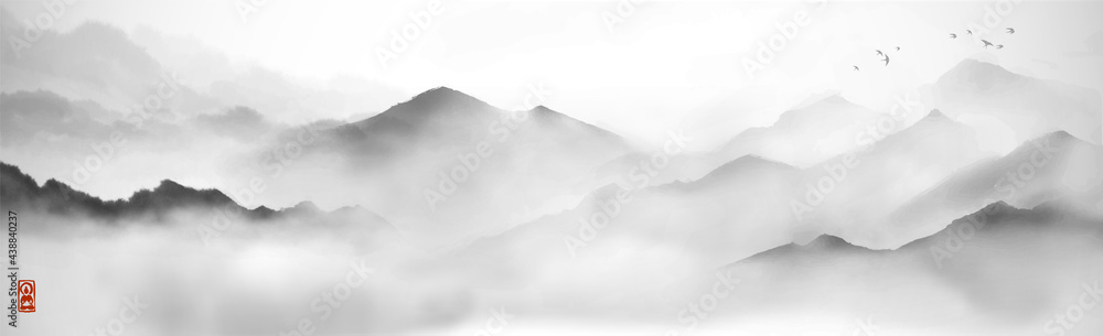 Misty mountains with gentle slopes and flock of birds in the sky. Traditional oriental ink painting sumi-e, u-sin, go-hua. - obrazy, fototapety, plakaty 