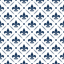 Seamless Elegant Pattern With Fleur De Lis, Dots And Rhombus Decoration In Navy Blue Color On White Background